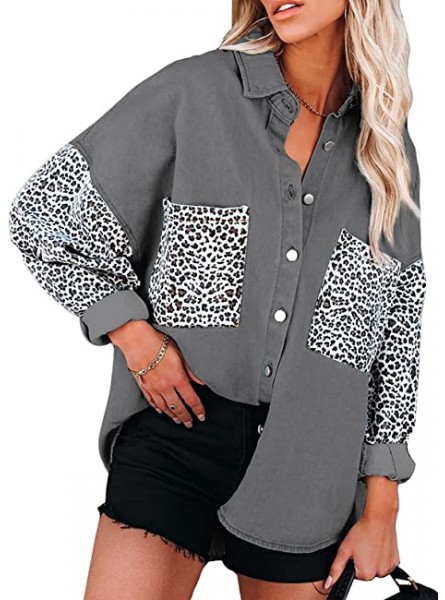 Happy Sailed Womens Leopard Contrast Denim Jackets Oversize Long Sleeve Button Down Pockets Jean Jacket Coats S-2XL