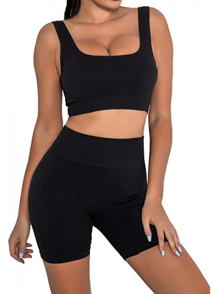Gym Sets for Women 2 Piece Workout Sets Seamless Ribbed Crop Tank High Waist Shorts Yoga Outfits